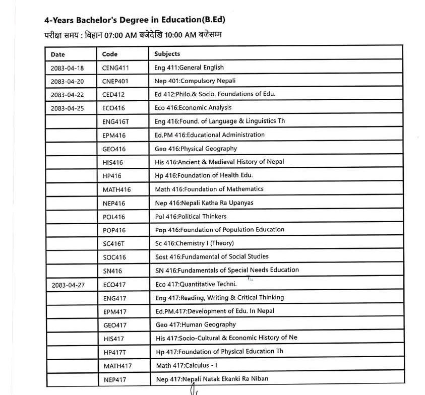 चार बर्षे स्नातक तह शिक्षाशास्त्र तथा ब्यबस्थापन संकायको प्रथम बर्षको नियमित परीक्षाको समय तालिका